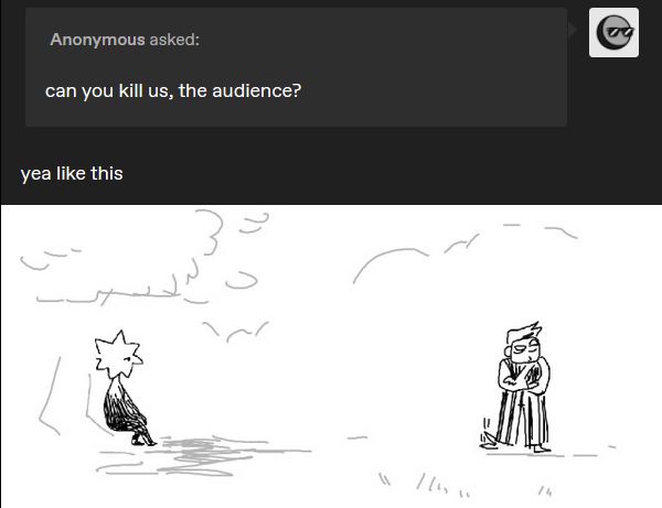 tumblr screenshot. anon asks: can you kill us, the audience? i answer "yeah like this" and post a picture. the picture is of loop watching isabeau from underneath the tree. loop is watching yearningly. isabeau is unaware of loop watching him. this kills the audience