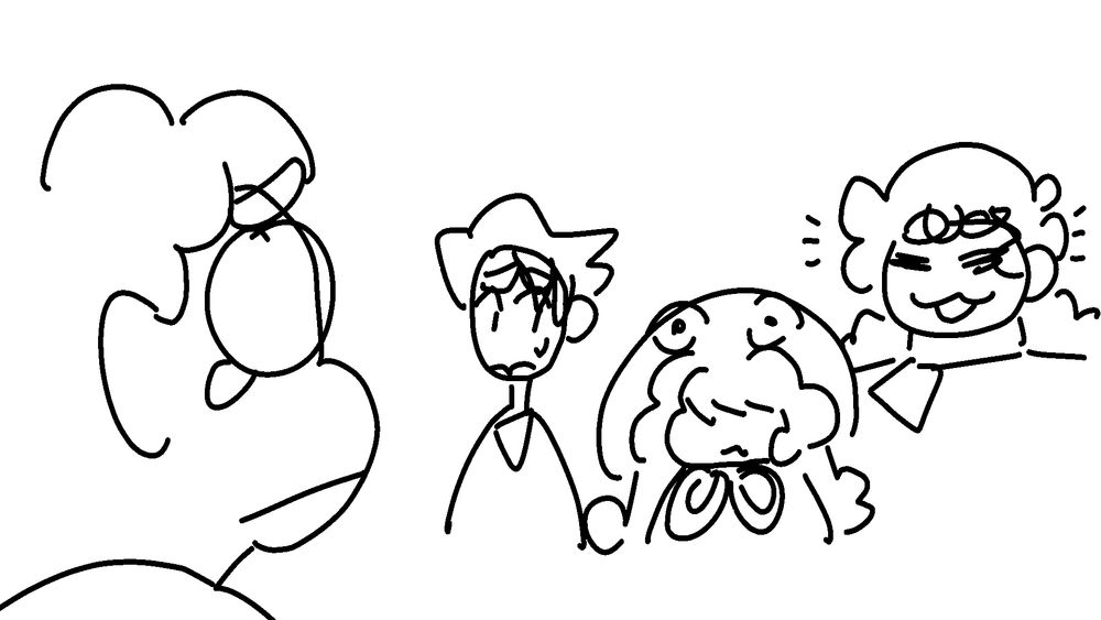 first character looks away like they did something wrong. second character has not moved. third character is smiling happily. all are silent and are not saying something anything