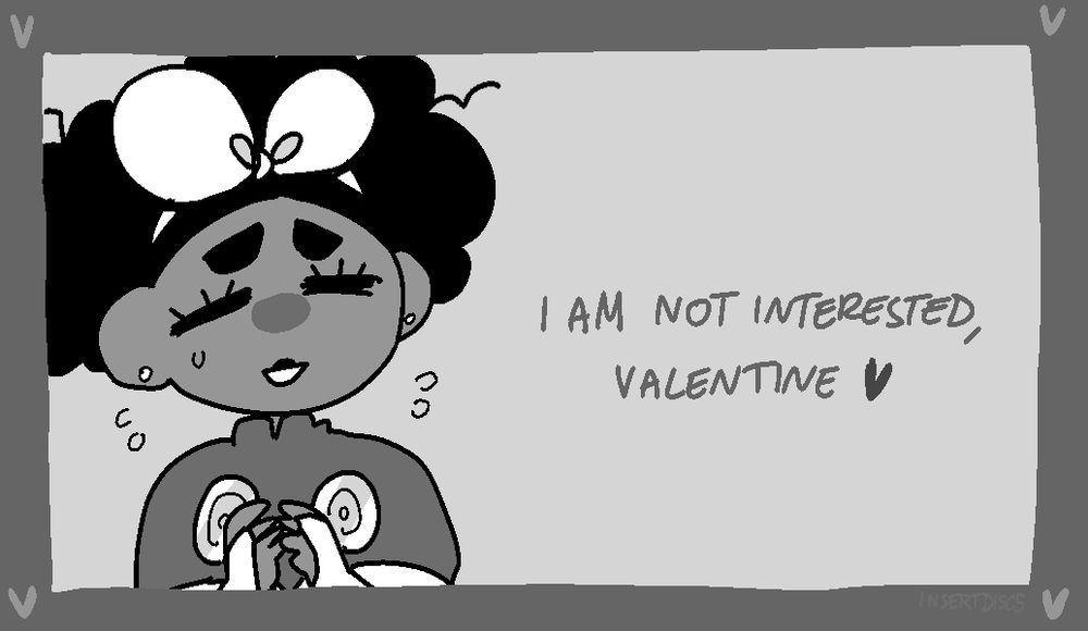 mirabelle valentines card. mirabelle looks awkward. card says "I am not interested, valentine"