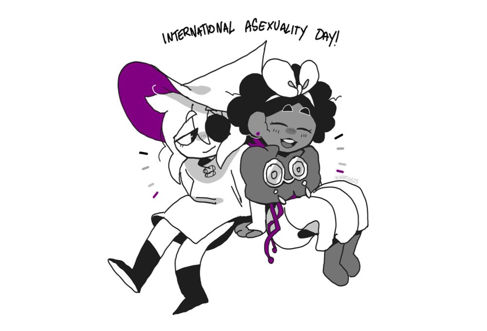 siffrin and mirabelle are smiling happily, sporting the colors of the ace flag. above them is the text "international asexuality day"
