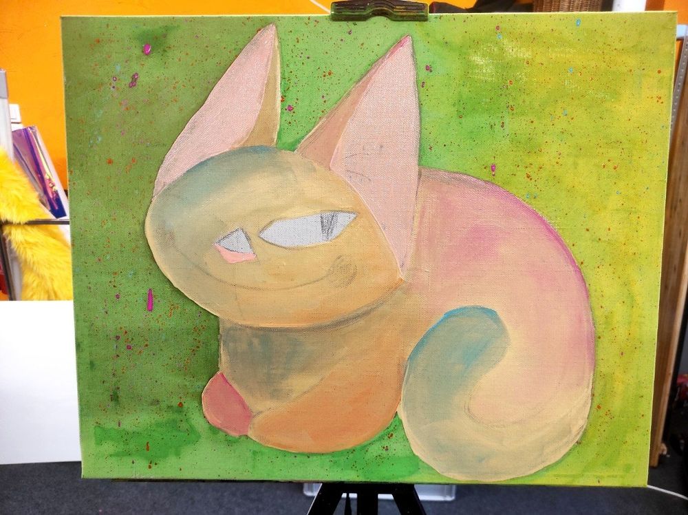 Work in Progress of an acryllic painting of a cat on a green and yellow background
