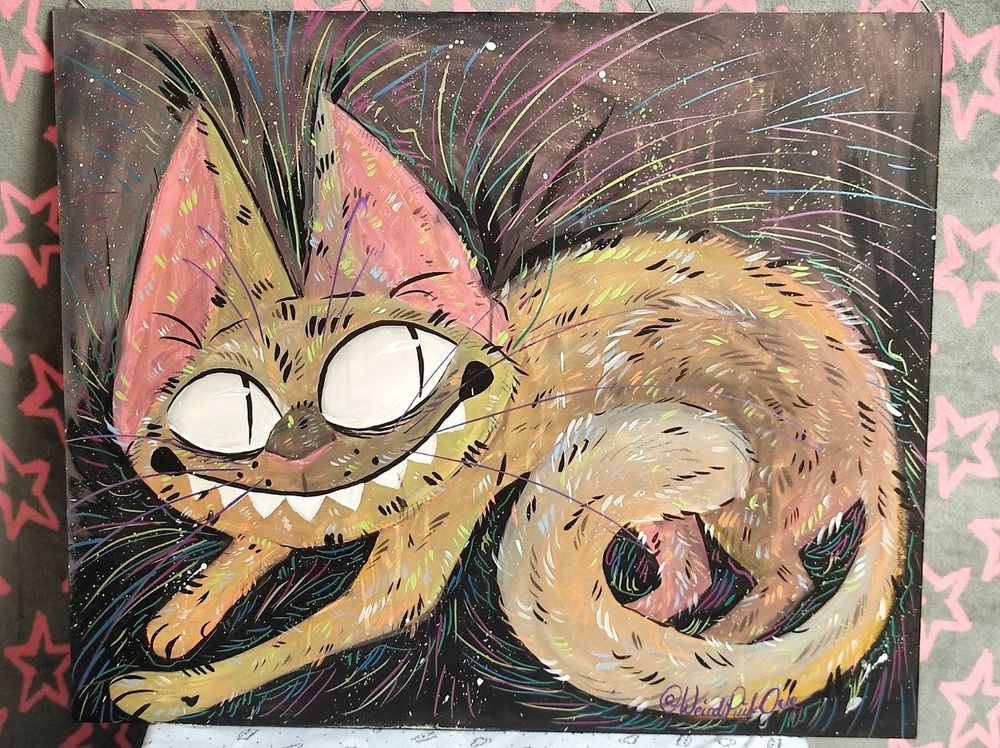 Acryllic painting of a beige-brown cat with green and pink accents on a dark, prinkled background