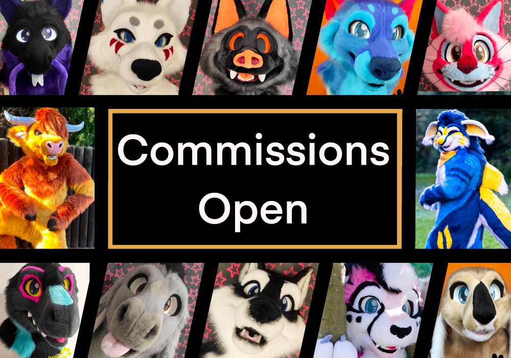 A titlecard with multiple pictures of different Fursuits on it. Top row includes:
Dragon, Wolf, bat, Wolf, Cat
Sides: Cow (left), Manokit (right)
Bottom row: Raptor, Donkey, Husky, Cheetah, Bunny

The Card says: "Commissions Open" 