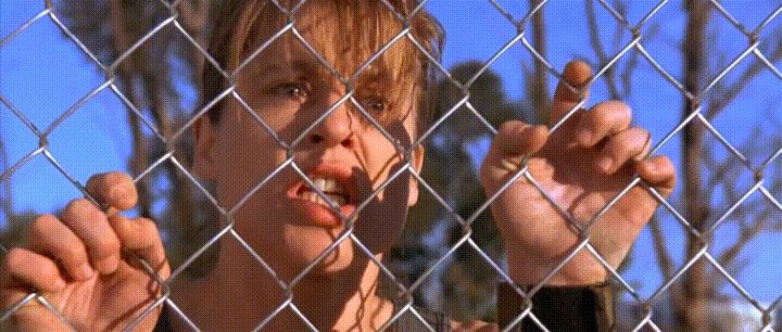 Sarah Connor from Terminator 2 rattling a chain link fence and screaming at the oblivious children beyond that a nuclear fireball is about to disintegrate them
