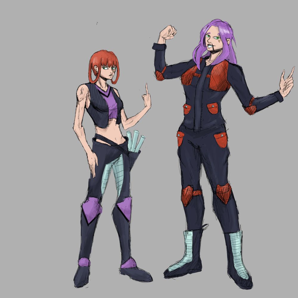 A red haired woman with a purple sleeveless vest and purple and black greaves and a sash of blueprints on their waist, standing next to a purple haired women with a red and black outfit and silver and black boots