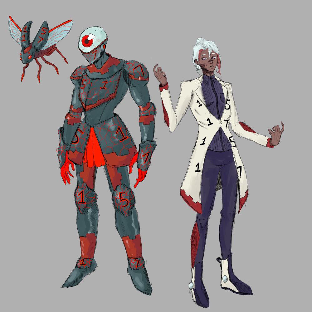 A small grey beetle with elytra that has the numbers 1517, and a red body, flying next to an knight with a red eyeball, grey armor with red trims and bright red cracks, with the numbers 1517, standing next to a man with white hair with red dyed tips, a white lab coat with the numbers 1517, a black undercoat, and white and black boots.