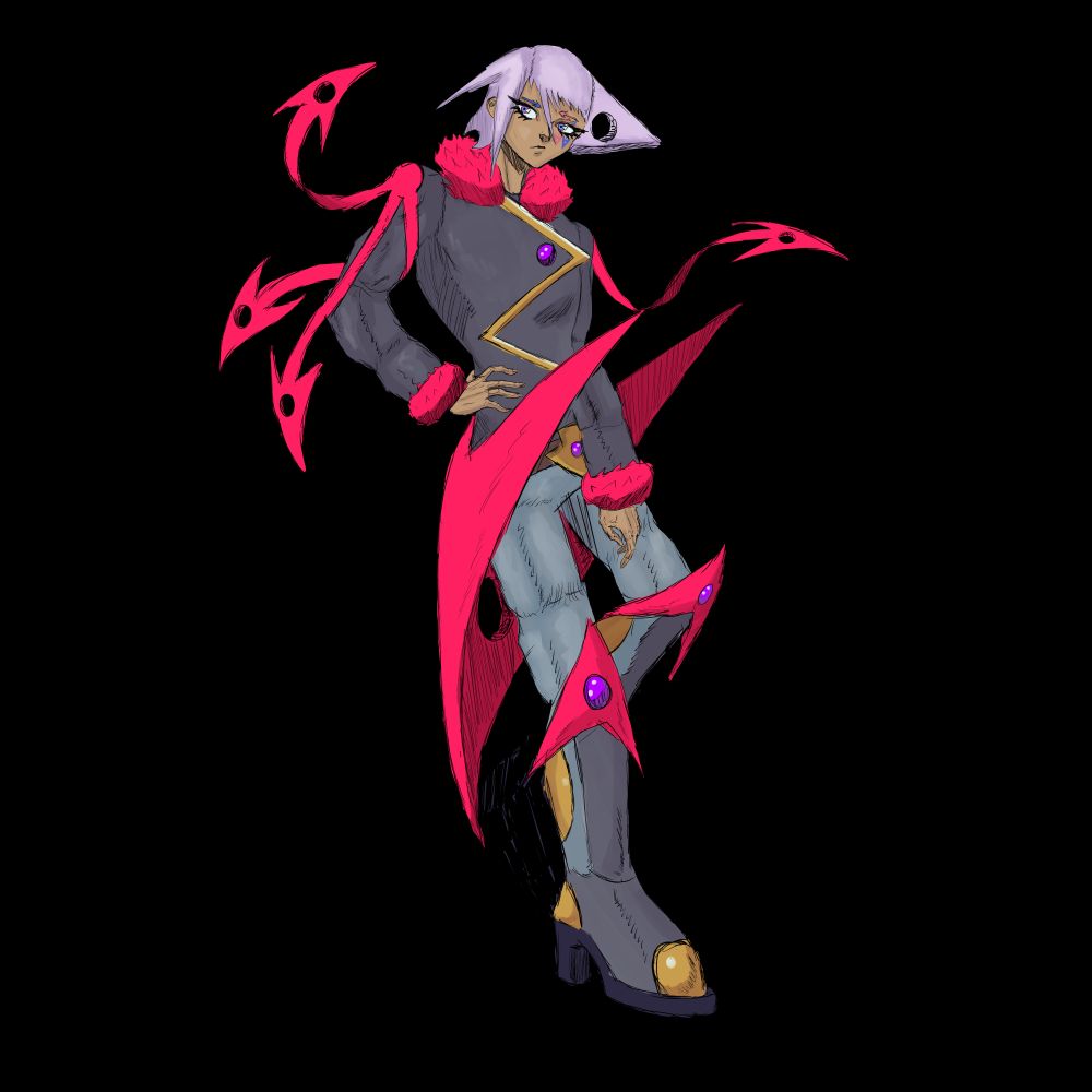 A person with pink arrow like hair in winter gear with pinkish-red ribbon like arrows adorning their shoulders, knees and waist. They have gold accents on their boots and chest.