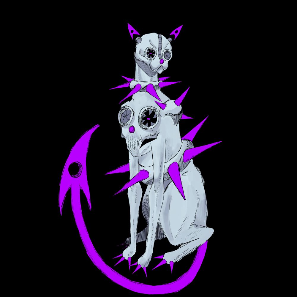 A white cat with purple spikes along it's body, a skull face chest, a purple arrow tail and ears