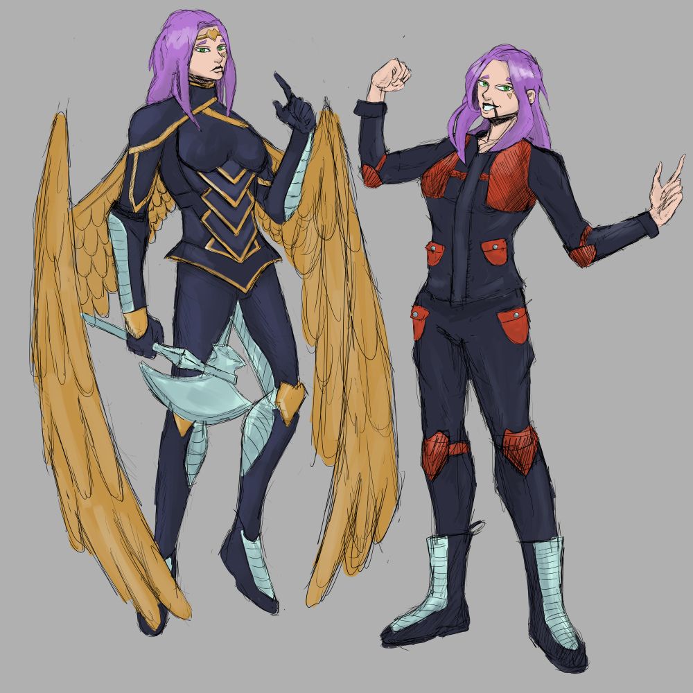 A women with purple hair, a gold heart circlet and black and gold armor with silver trims, holding a silver axe, next to a purple haired women with a red and black outfit and silver and black boots