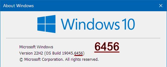 On Windows 10, open a Command Prompt, type

winver

then hit Enter to see the Windows 10 version.

Graphic: The number 6456 in red, underlined, is laid over the Windows 10 version popup.

The window is titled: About Windows

A Windows logo and Windows 10 are in a pastel blue color.

The window text reads:  Microsoft Windows

Version 22H2 (OS Build 19045.6456)

The 6456 part has also been underlined in red as an overlay.

© Microsoft Corporation. All rights reserved.