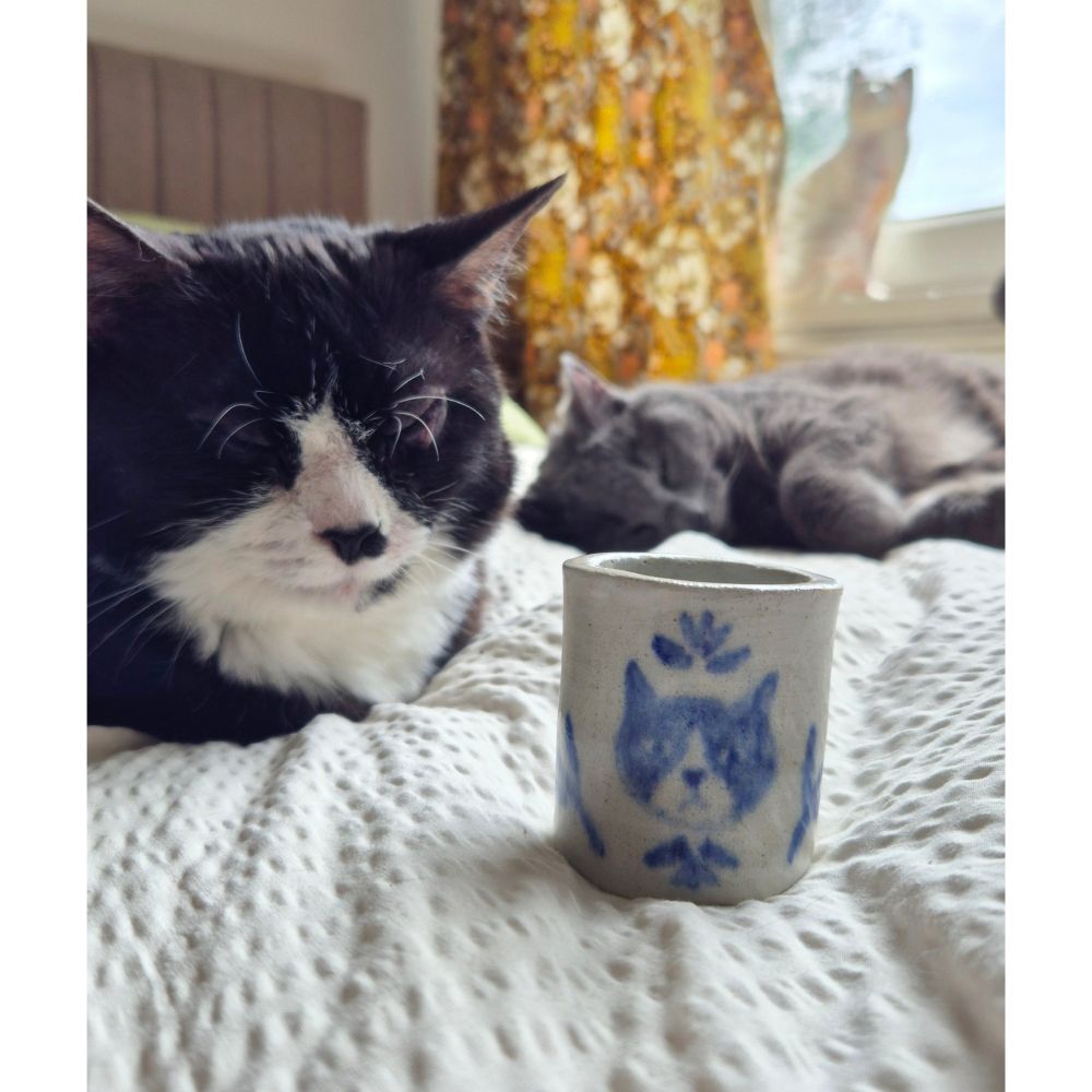 A ceramic pot, decorated with a tuxedo cat and florals. The pottery is to the inspiration: a tuxedo cat, with another grey cat in the background.