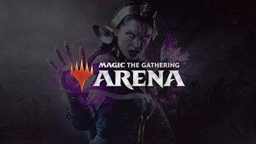 The text “Magic The Gathering Arena” in front of a black haired woman wearing a golden crown, covered in purple tattoos and with purple wisps of magic around her hands.
The background behind her is a gradient from grey to black