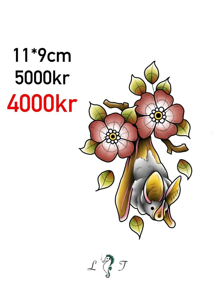 Fullfarge flaggermus med blomsterkvist!

Størrelsesforslag på 11*9 cm.

Førpris: 5000kr

Nypris: 4000kr.