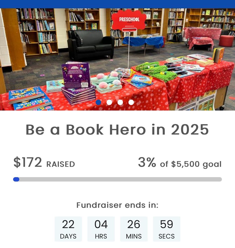 A screenshot of the fundraising campaign that features the goal of $5500, a photo of the school library, and a countdown clock for 22 days left in the campaign. 