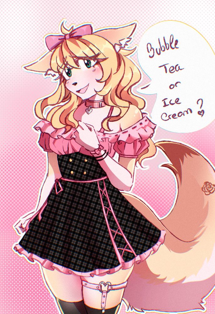 Colored illustration of my true sona Katy, wearing a cute frilly dress in pink and black, with some knee high stockings and a pink thigh band on her left thigh. She is also wearing her signature big pink hair bow and pink collar. She's asking someone if bubble tea or ice cream with a cute shy expression. 