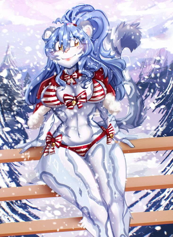 Digital illustration of my anthro feline looking clouded leopard girl character Nebula, while wearing a red and white festively striped underwear with some bells on it, she's looking slightly to the side while smiling and blushing. she's leaning on some sort of fence and theres a snowy background with trees and some clouds in the distance with pink blue and purple hues. 