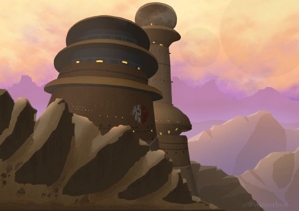 environment illustration showing desert and mountains. Within them stand towers inspired by RenDog's Hermitcraft Season 7 Base and Jabba's Palace from Star Wars.