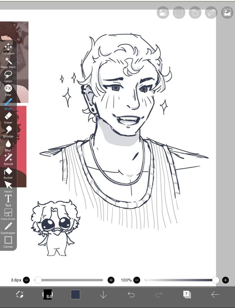 sketch of a guy in a tank top wearing a simple chain with his hair pushed back. a little sprite of another guy making big eyes at the first guy is in the left corner.