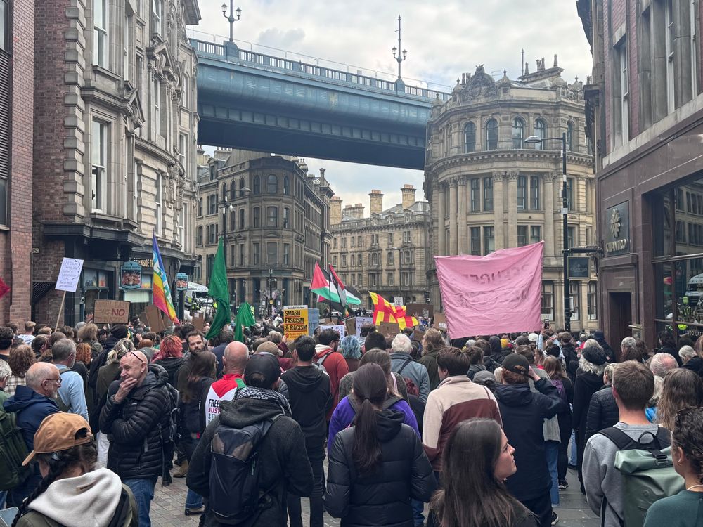A photograph of a left wing anti-fascist protest
