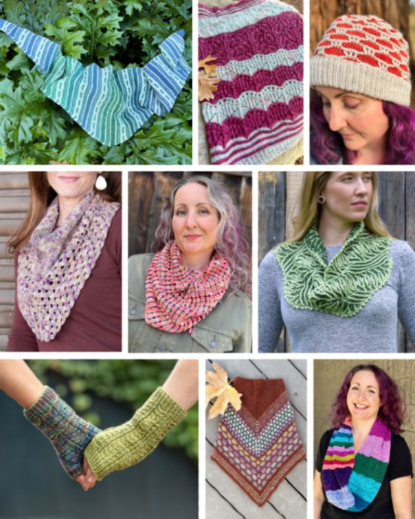 Photo collage of nine knitted and crocheted accessories