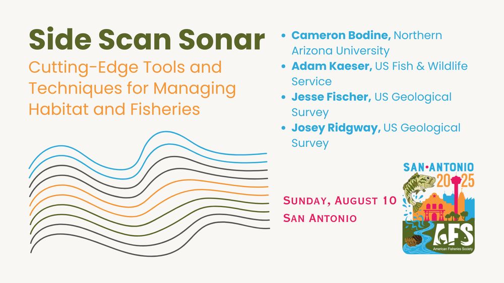 Illustration of wavy colored lines and text: Side-Scan Sonar: Cutting-Edge Tools and Techniques for Managing Habitat and Fisheries. Cameron Bodine, University of Delaware. Jesse Fischer, US Geological Survey, Adam Kaeser, US Fish & Wildlife Service. Josey Ridgway, US Geological Survey. Sunday, August 10, San Antonio.
