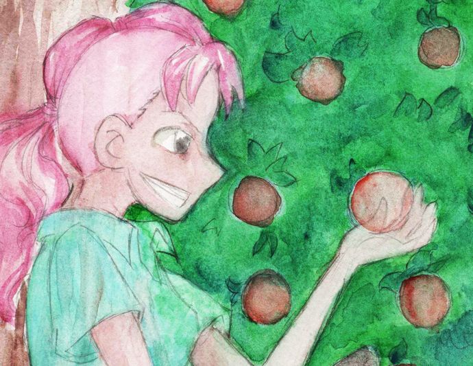 A watercolor painting of Bell-Mere from One Piece. She is grinning and holding a tangerine.