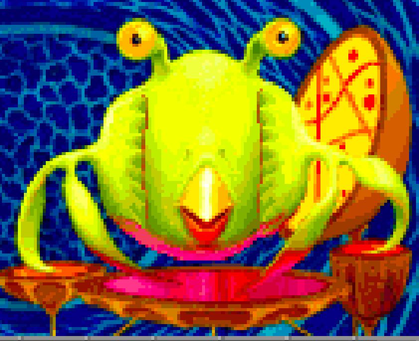 Screen clip of the Orz alien from the game Star Control 2 talking to the player on the ship's view screen.