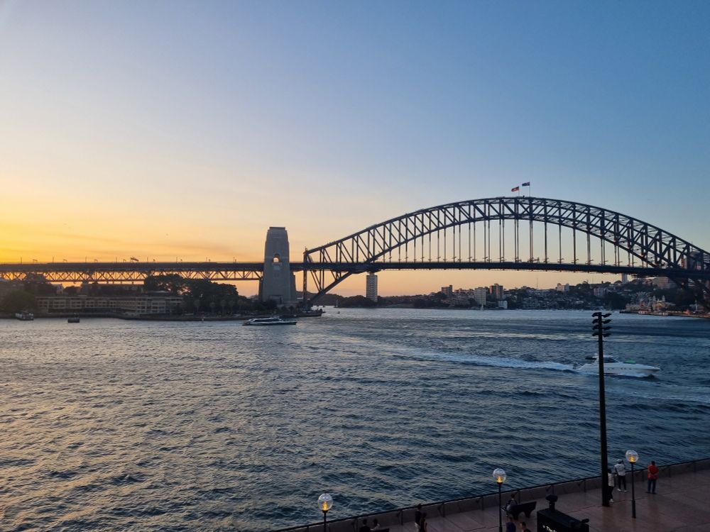 The Sydney Harbour Bridge at sunset, taken from the west balcony of the Opera House