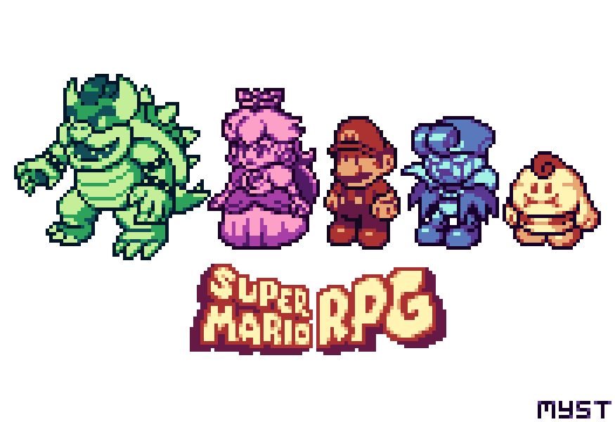 Redraw of Super Mario RPG's Japanese boxart in pixelart. Mario, Princess Peach, Bowser, Geno, and Mallow can be seen standing looking to the side.