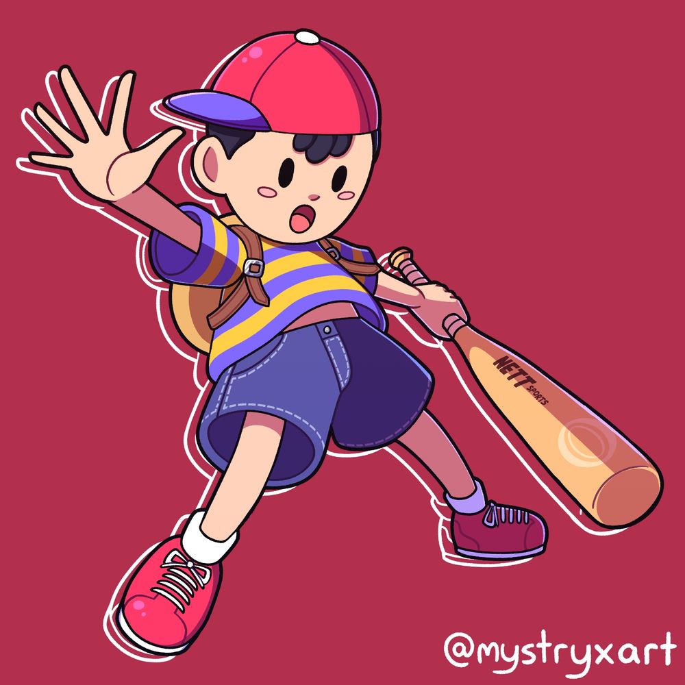 An art piece of Ness from Earthbound/Mother 2 holding his baseball bat in one hand and the other pointed towards the camera.