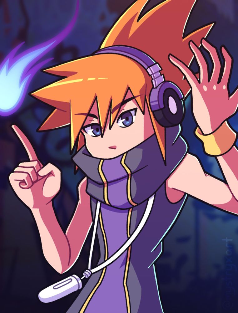 Neku from The World Ends With You holding a flame at the tip of his finger while the other hand hovers over his headphones.