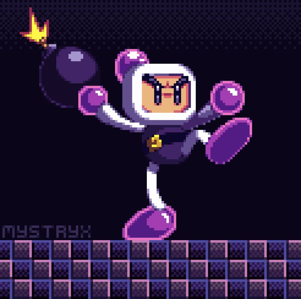 Pixel art of Bomberman prepping a throw with an angry expression.