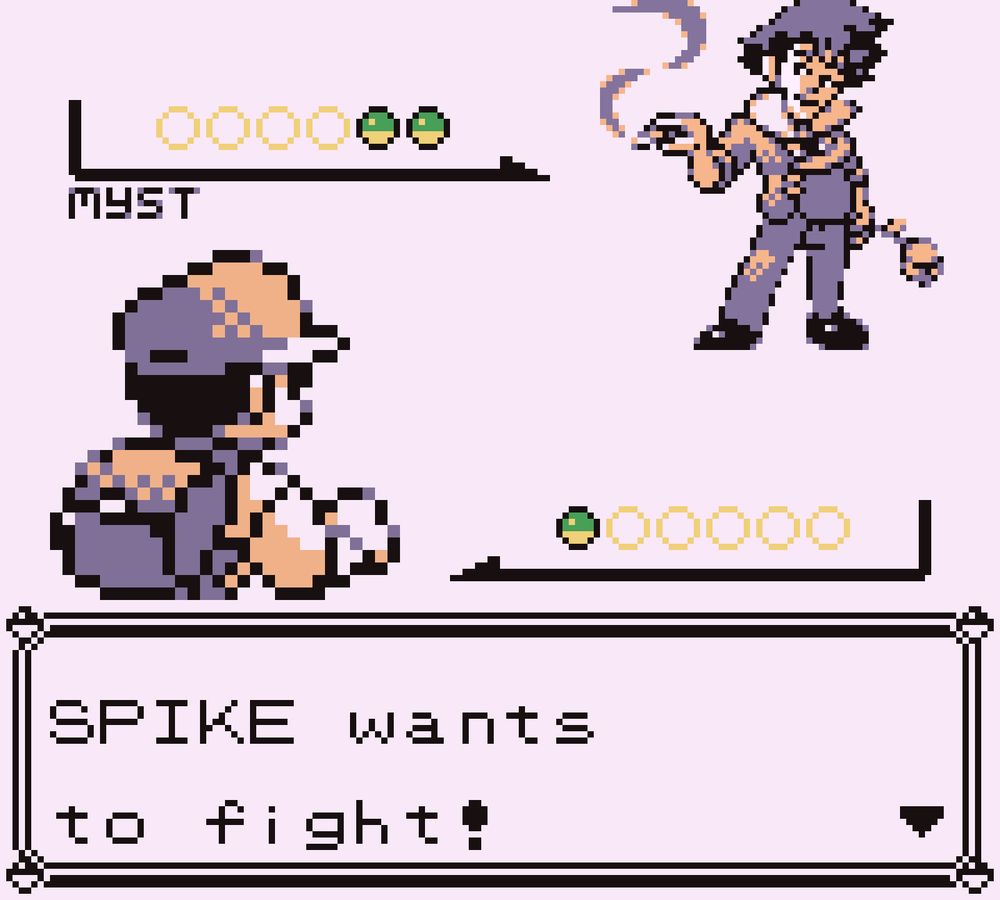 Spike Spiegel from Cowboy Bebop facing off against the Pokémon Trainer Red in the pixel art style of the Game Boy Pokémon games: Pokémon Red Version and Pokémon Blue Version. Spike is seen holding a rose and cigarette.