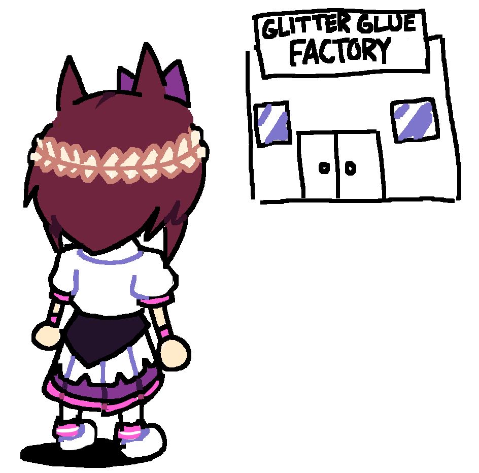 Special Week from Umamusume: Pretty Derby (ウマ娘 プリティーダービー) standing in front of a glitter glue factory.