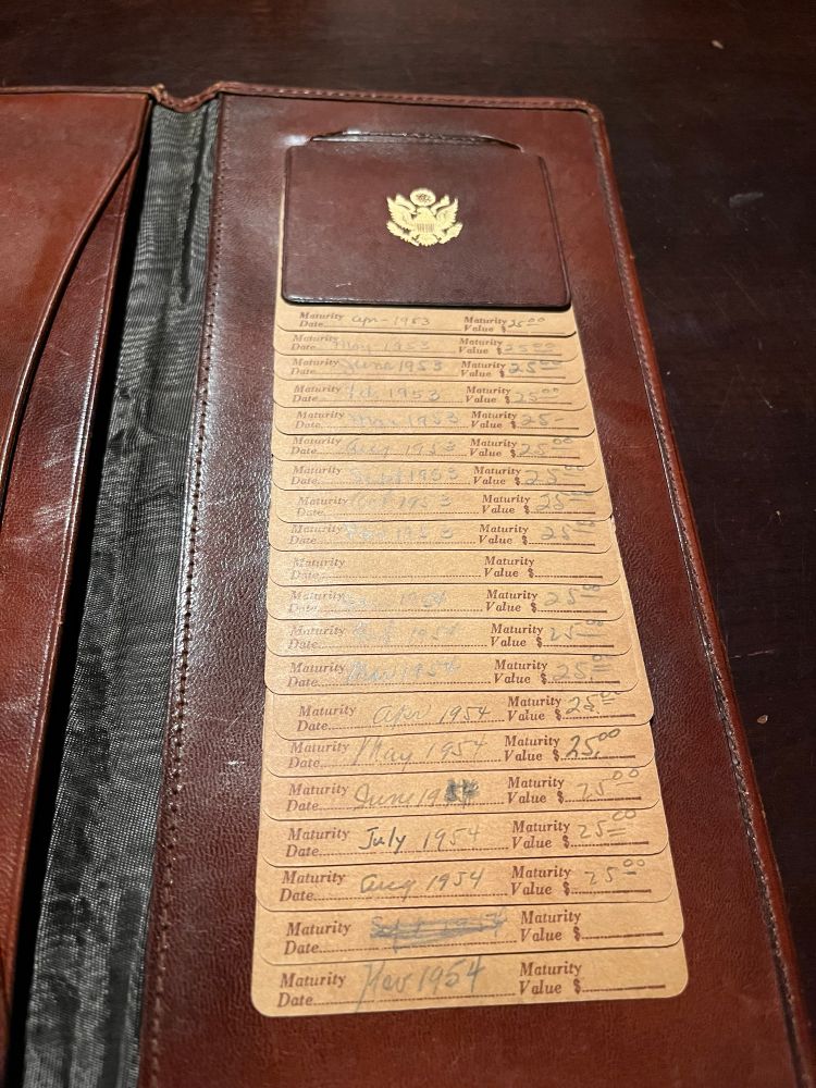 Inside of the bond wallet. The register shows the purchase date, purchase amount, type, number, purchaser, beneficiary, and maturity amount. 