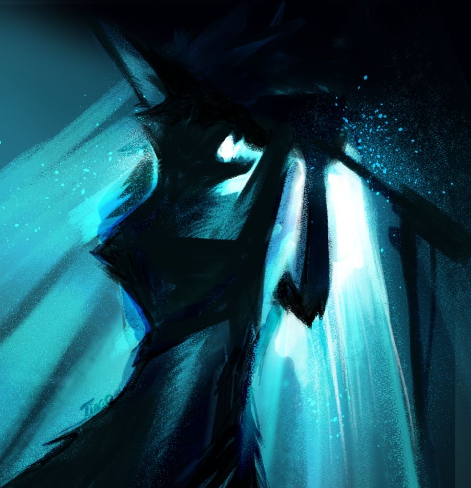 Abstract shape of an anthro character with long pointy hears And fur. You can discern their open mouth as screaming in a mic under some counter light.
#furryart 