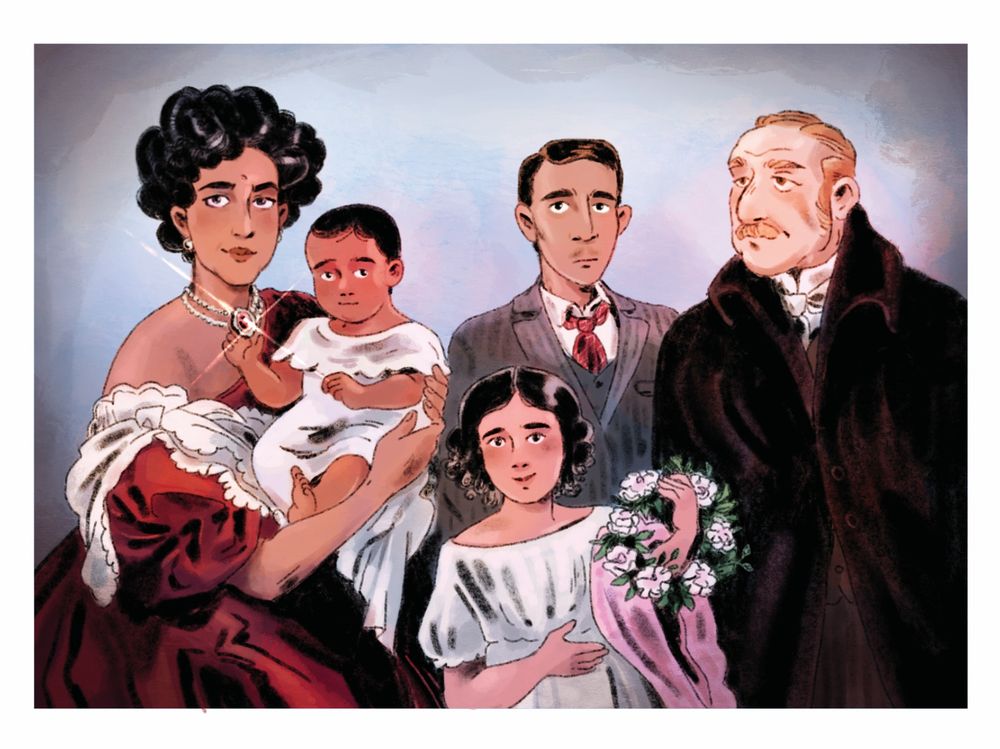 the same couple from the previous portrait, now older, with three children - a teenage boy, a young girl, and a baby