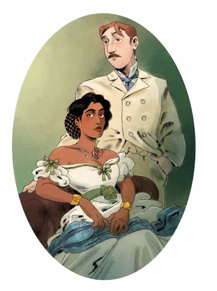 portrait of a 19th century couple - a young woman with dark skin and hair in a white and green dress, and a young man with light skin and reddish brown hair in a white suit