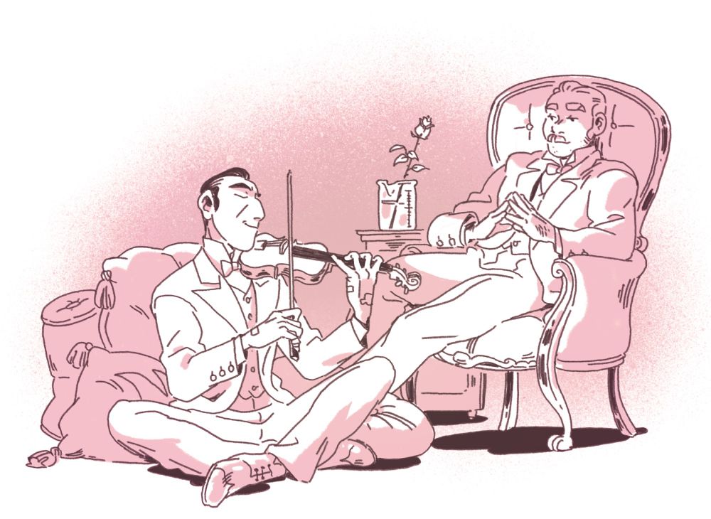 a rose-tinted illustration of victorian era sherlock holmes and john watson. holmes sits on pillows playing the violin and watson watches him from an armchair. there's a rose in a chemical beaker behind them. 