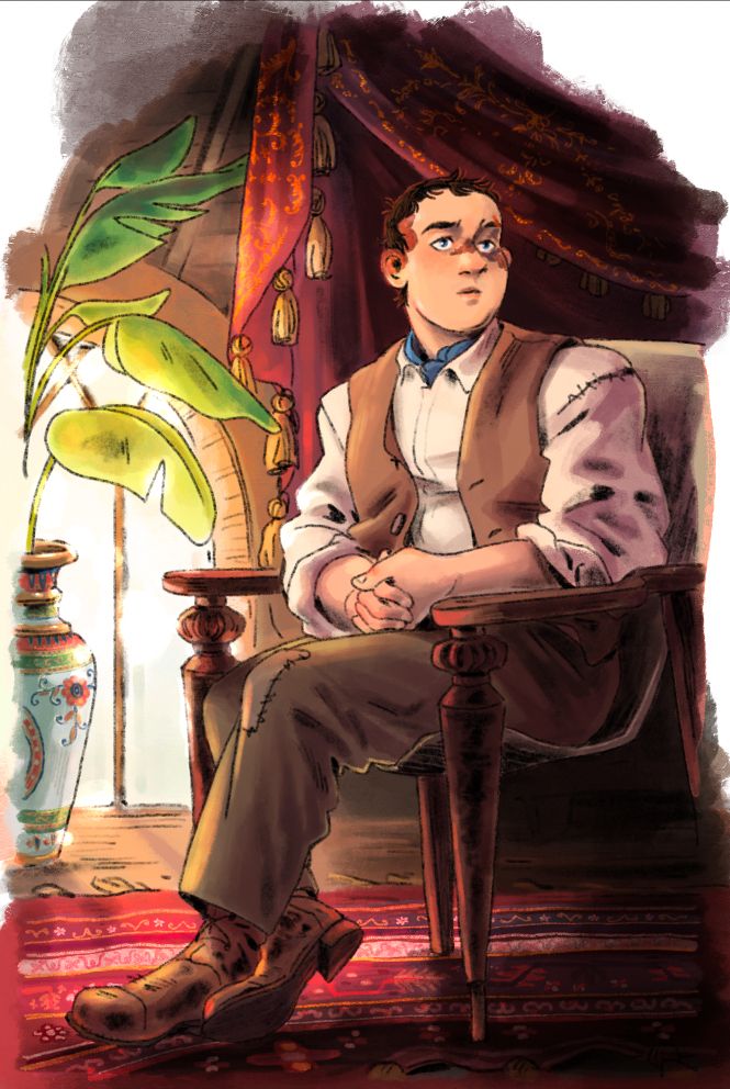 painting of a young man in 19th century working class clothes sitting in a chair surrounded by lush drapes, carpets, and potted plants