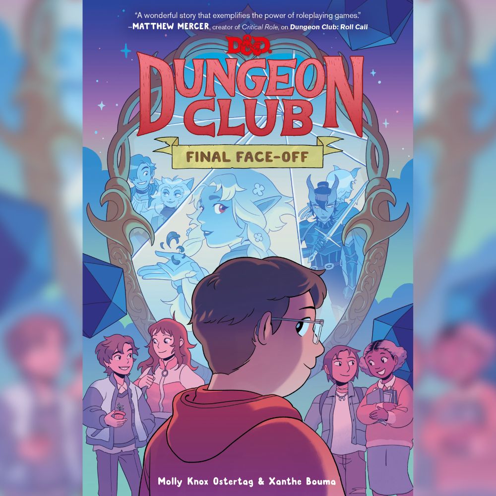 the cover of the third Dungeon Club graphic novel, entitled Final Face-Off, by Molly Knox Ostertag and Xanthe Bouma. In the foreground, Tyler looks over his shoulder at the viewer. In the mid ground, his friends - Sam, Sammi, Jess, and Olivia - are talking to each other. In the background, a magical mirror shows scenes from their D&D game.