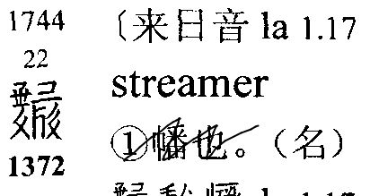 entry #1372 from a Tangut-English-Chinese dictionary (《簡明夏漢字典》), glossing 𘞅 as "streamer" in English. the Chinese translation below it, 「幡也」, clarifies that "streamer" here refers to banners/flags, and obviously not livestreamers; it has been poorly crossed out. http://www.ccamc.org/tangut.php?XHZDid=1372