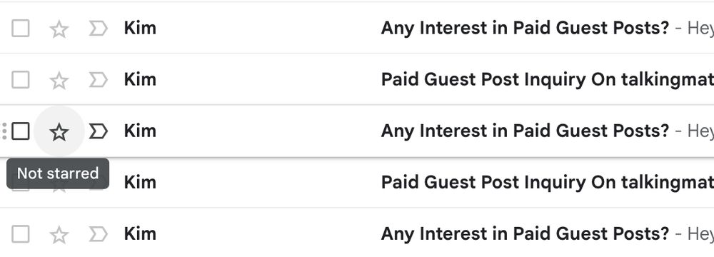 Screenshot of headers from five consecutive emails from "Kim" inquiring about guest posts on my site. Hover text reads "Not starred".
