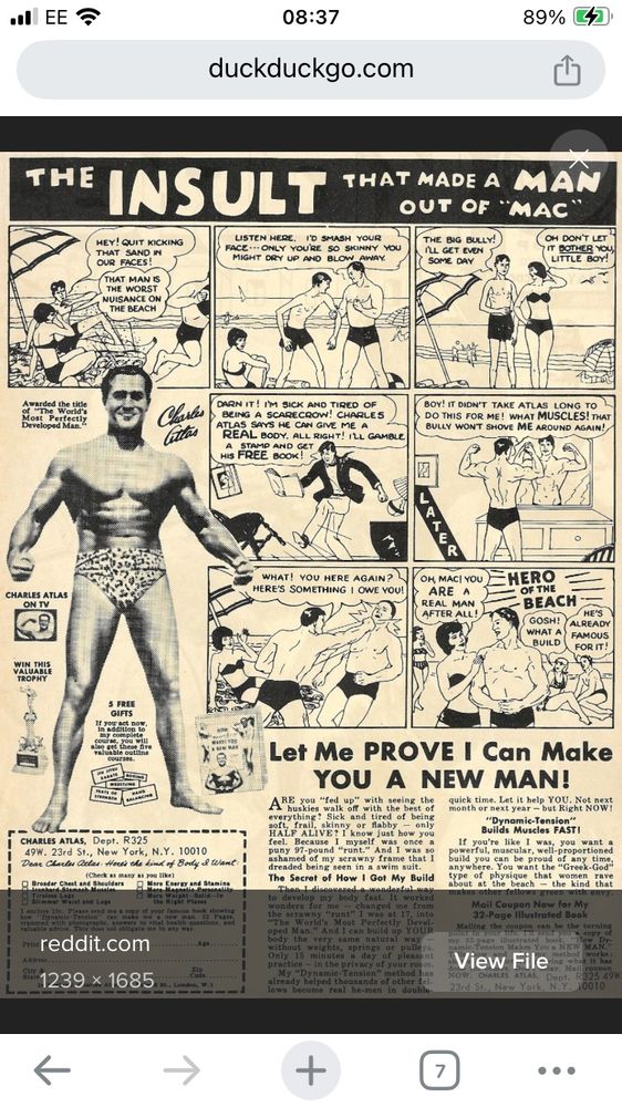 Photo of a Charles Atlas advert with the tagline “Let Me PROVE I can Make YOU A NEW MAN!”