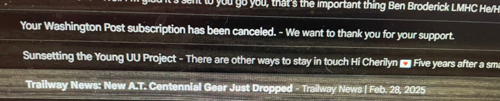 Screen grab of email box with “your Washington Post subscription has been cancelled” email subject line 