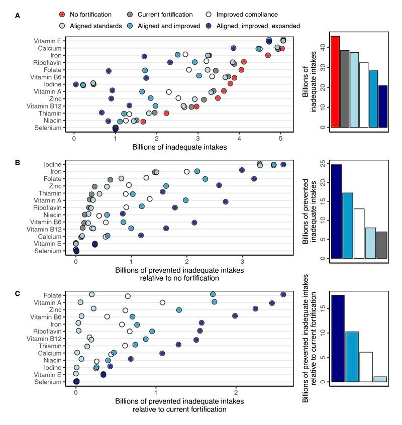 Chart showing the degree to which nutritional requirements have and could be met by industrial fortification of commonly consumed foods worldwide