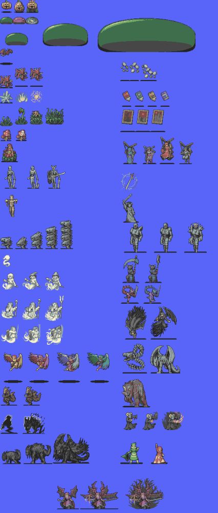 all the enemy/boss sprites I drew for witchX, minus whatever palette swaps I did for them once they were actually in-engine