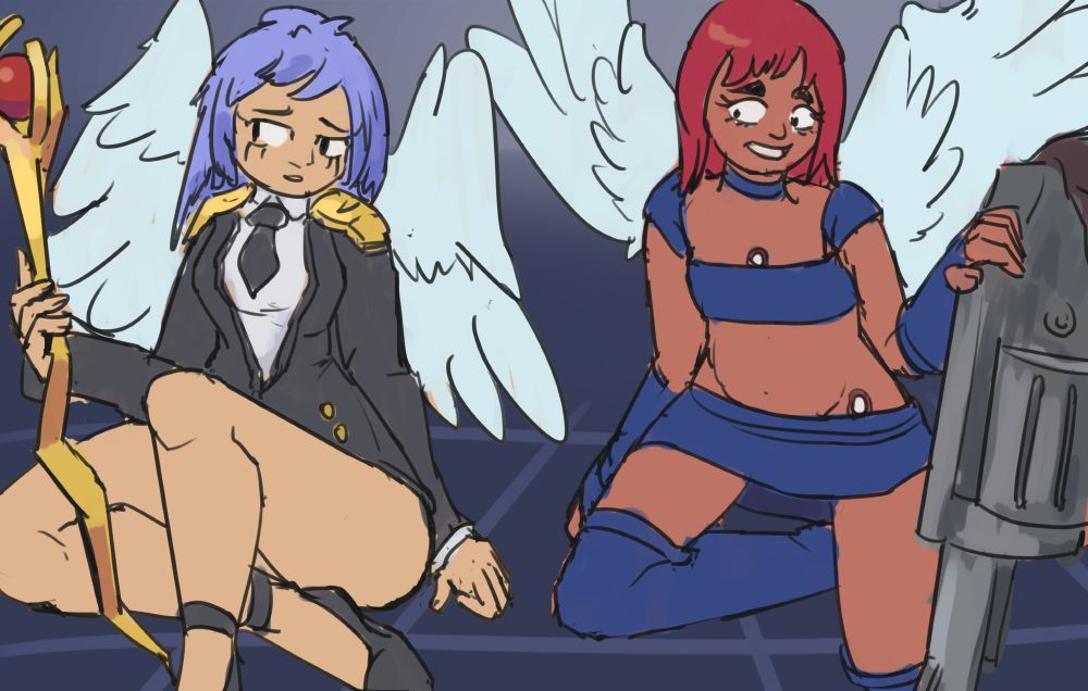 Michelle and Olexa from YiiK, the former sitting down and the latter on her knees; both have their weapons on hand.
After drawing her I now completely understand why olexa's default expression is so deranged.