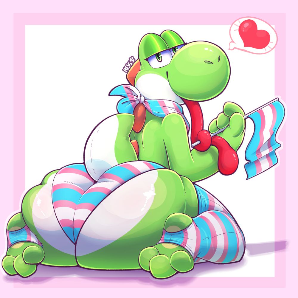 Yoshi with a huge ass looking back at the viewer as they curl their long tongue around the pole of the flag they are holding. They are wearing a bandanna, leggings and underwear and holding a flag all colored with the Trans Pride colors.