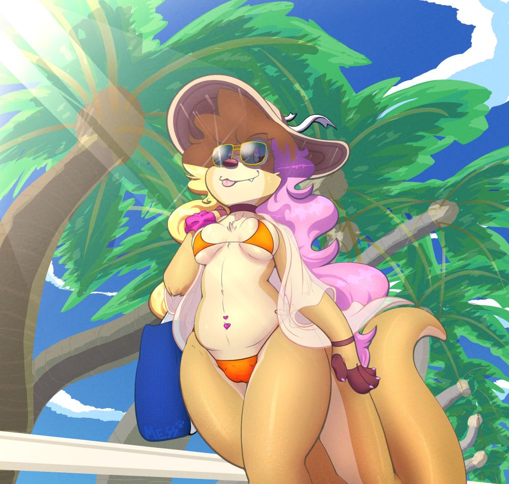 Audie taking a stroll under the sun and some palm trees. She is wearing a bikini, shirt, sun hat and sunglasses while holding a bag.